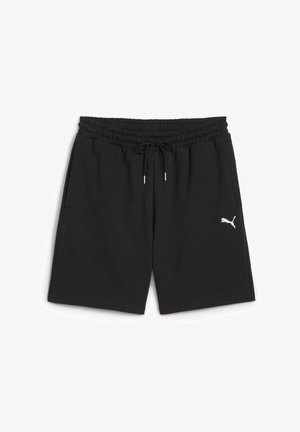 Schwarze Sportshorts aus weichem Stoff, mit elastischem Bund, Kordelzug, seitlichen Taschen und einem weißen Puma-Logo am linken Bein.