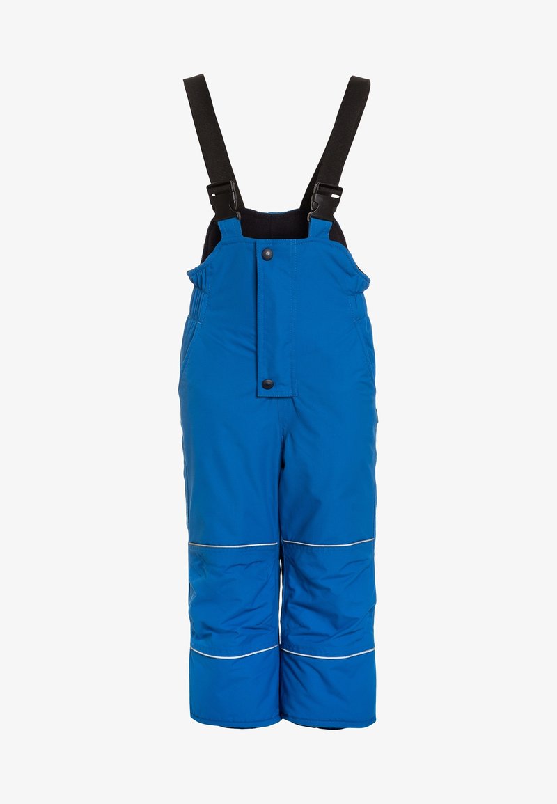 Pantalon d'hiver isolé bleu avec bretelles noires réglables et fermetures à pression, conçu pour la protection contre le froid.