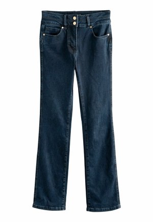 Temno modri kavbojki s naravnim rezom, ki imajo dve sprednji in dve zadnji žep, ter zlatimi kovinskimi detajli v pasu.