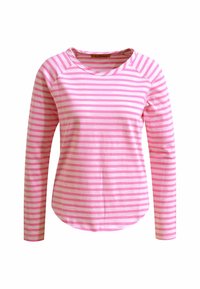 Langärmliges Shirt in Rosa und Weiß mit Streifen, aus weichem Stoff, mit rundem Halsausschnitt und leicht geschwungenem Saum.