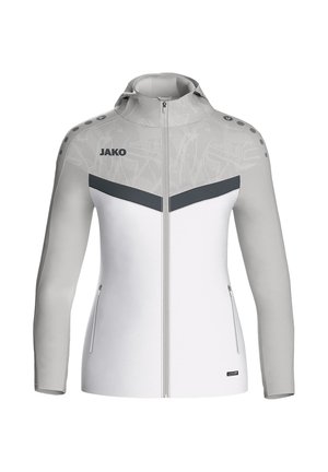 Grau-weiße Sportjacke mit Reißverschluss, Kapuze und einem oberen Teil mit Netzmuster. Sie verfügt über dunkelgraue Akzente und seitliche Reißverschlusstaschen.