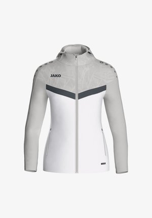 Grau-weiße Sportjacke mit Reißverschluss, Kapuze und einem oberen Teil mit Netzmuster. Sie verfügt über dunkelgraue Akzente und seitliche Reißverschlusstaschen.
