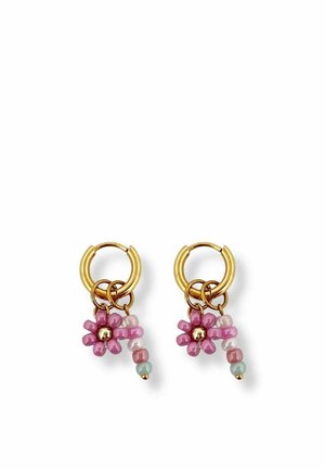 Gold hoop earrings with pink beaded flower and multicolored bead tassel charms hanging from each hoop.