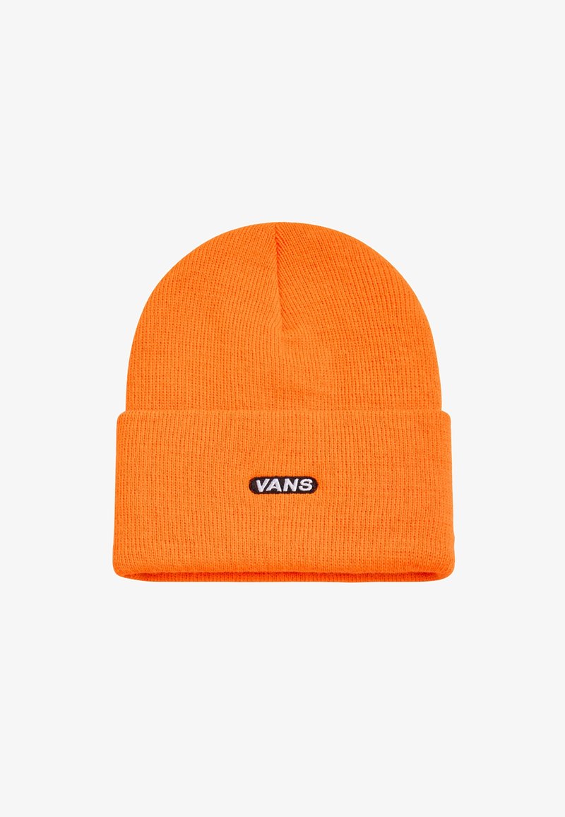 Bonnet en tricot orange vif avec revers plié, arborant un petit patch logo Vans noir et blanc centré à l'avant.
