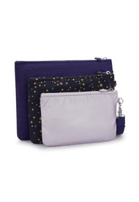 Tre lynede stofposer i lilla, sort med gyldne stjerner og lyse lavendel, nestet og justeret forfra og bagtil.