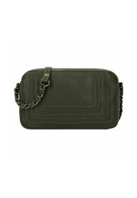 Borsa a tracolla rettangolare in pelle verde oliva con tracolla a catena e dettaglio a strati cucito sul pannello frontale.