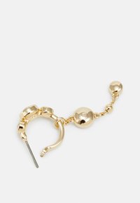 Gold hoop earring featuring a chain of spherical accents and a textured surface, with a small post for secure fitting.
