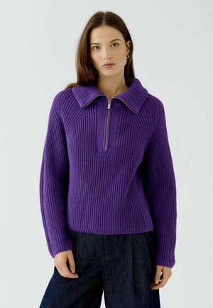 Junge Frau mit langen braunen Haaren trägt einen violetten gerippten Strickpullover mit Halbreißverschluss und weitem Kragen, kombiniert mit dunklen Hosen.
