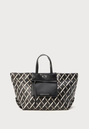 Borsa tote nera con motivo intrecciato in argento, dettagli in pelle, manici doppi superiori e una tasca con zip con dettaglio del logo.