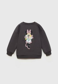 Felpa grigia scura con maniche lunghe, caratterizzata da una grafica colorata di Minnie Mouse che tiene dei fiori sul retro. Tessuto testurizzato, polsini a costine.