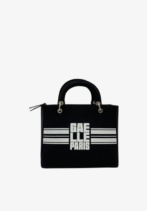 Borsa rettangolare nera con due manici e scritta bianca "GAELLE PARIS" e motivo a strisce sul davanti.
