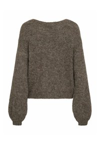 Ruskea neulepusero, jossa on pyöreä pääntie ja pitkät, puffihihat. Puserossa on lyhennetty malli ja pehmeä, tekstuuri pinta.