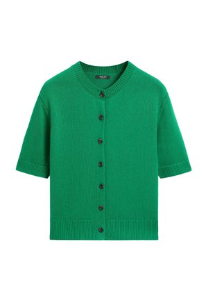 Cardigan vert à manches courtes en maille, avec un col rond et sept boutons noirs sur le devant.