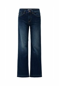 Jeans de pierna ancha en mezclilla azul oscuro, con una cintura alta, un ligero desvanecimiento y un diseño tradicional de cinco bolsillos con cierre de botón.