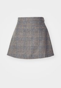 Grijze geruite mini-jurk met een uitlopende ontwerp, voorzien van een textuurstof, twee voorzakken en een subtiele zoomaccent.