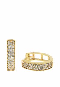 Złote kolczyki z okrągłymi, przezroczystymi kryształami, z prostokątnym wkrętem i zakrzywionym designem koła. Teksturowane wykończenie i widoczny znak próbny.