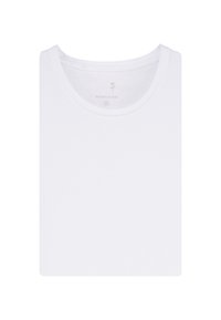 T-shirt blanc à col rond fabriqué en tissu doux. Présente une étiquette avec une marque, taille 'M,' et une texture lisse et plain sans motifs.