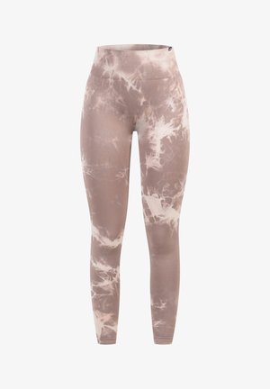 Hochtaillierte Leggings im hellbraunen und cremefarbenen Batikmuster, aus einem glatten, dehnbaren Stoff mit einer figurschmeichelnden Silhouette.
