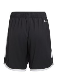 Schwarze Sportshorts mit elastischem Bund, ausgestattet mit weißen Seitensch stripe und einem glatten, leichten Stoff für hohen Tragekomfort.