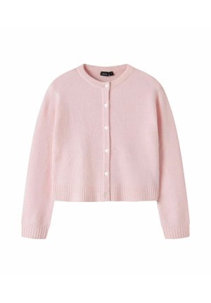 Lyserosa, langermet cardigan med rund hals, knappestolpe foran, ribbestrikkede mansjetter og ribbestrikket kant nederst.