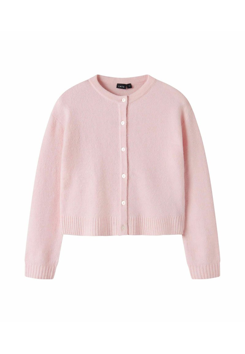 Cardigan rose clair à manches longues avec encolure ronde, fermeture à boutons sur le devant, poignets côtelés et ourlet côtelé.