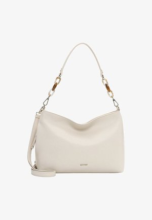 Borsa a tracolla in pelle color crema con una texture liscia, dettagli a catena e una silhouette curva. Dotata di tracolla removibile.