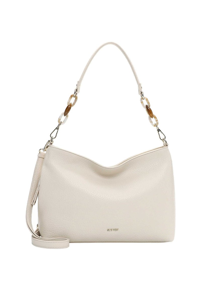 Kremowa skórzana torebka na ramię o gładkiej teksturze, ozdobiona łańcuszkowymi detalami i zaokrąglonym kształtem. Posiada odpinany pasek.
