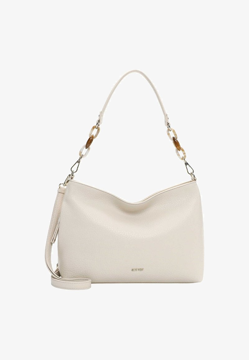 Kremowa skórzana torebka na ramię o gładkiej teksturze, ozdobiona łańcuszkowymi detalami i zaokrąglonym kształtem. Posiada odpinany pasek.