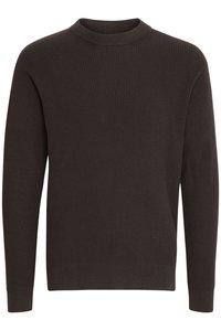 Brown knitted sweater with a crew neck, ribbed texture, long sleeves, and a fitted hem. Made from a soft, stretchy fabric.
