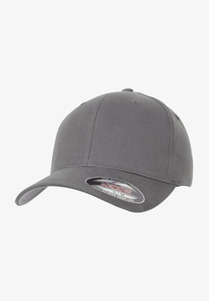 Cappello da baseball grigio con design strutturato, realizzato in tessuto, dotato di visiera curva e cinturino regolabile sul retro.