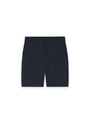 Sorte shorts i midilengde med knap- og lynlås-lukning, bæltestropper og sidelommer, vist på en hvid baggrund.