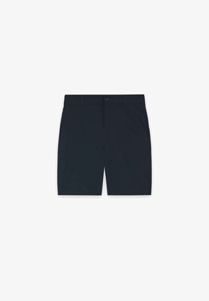 Sorte shorts i midilengde med knap- og lynlås-lukning, bæltestropper og sidelommer, vist på en hvid baggrund.
