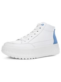 White high-top sneaker with thick sole, white laces, and blue suede heel accent, shown at a three-quarter angle on a white background.