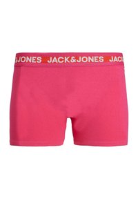 Pink cotton boxer trunks with a wide red waistband featuring white "JACK&JONES" branding. The fabric appears smooth and stretchy.