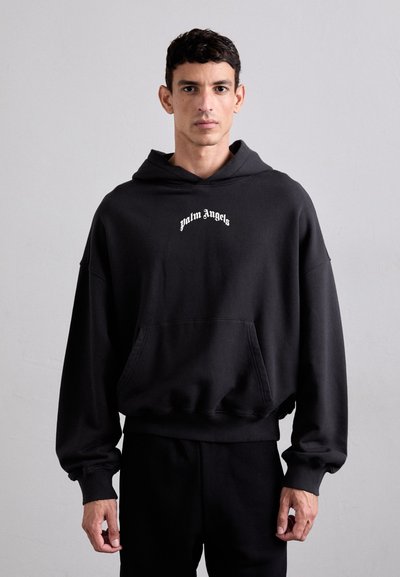 Hanorac negru cu glugă, cu logo-ul "Palm Angels" în alb, croi lejer, mâneci lungi și buzunar frontal tip kangaroo; material texturat.