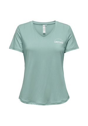 Light green v-neck t-shirt made of smooth, lightweight fabric. Features short sleeves and white text reading "LIMITLESS" on the front.