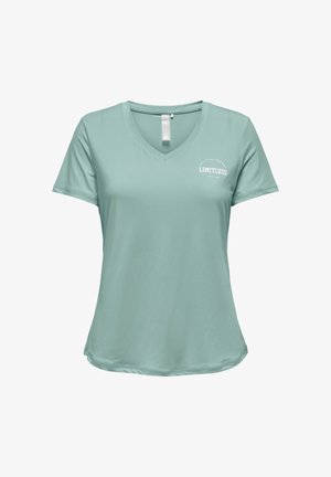 Light green v-neck t-shirt made of smooth, lightweight fabric. Features short sleeves and white text reading "LIMITLESS" on the front.