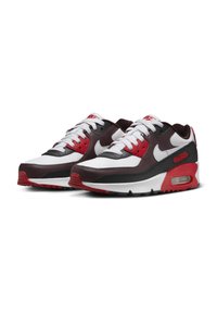 Nike Air Max 90 tenisice s crno-bijelo-crvenom bojom, kožnim i sintetičkim gornjim dijelom, vezanjem i vidljivim zračnim jastučićima.