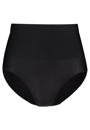 Svarte høyt midje truser laget av glatt, elastisk stoff. Har en sømløs design med en bred, komfortabel linning.