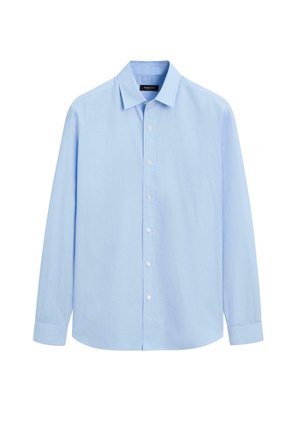 Lichtblauwe langekleurige shirt met lange mouwen in een geweven stof, met een klassieke kraag, een knoopsluiting aan de voorkant en knoopmanchetten. Glad van textuur zonder patronen.