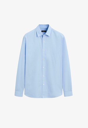 Light blue long-sleeve shirt in a woven fabric with a classic collar, button-down front, and buttoned cuffs. Smooth texture with no patterns.