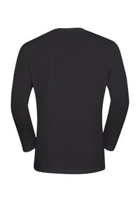 Schwarzes Langarmshirt mit Rundhalsausschnitt, von hinten auf einem weißen Hintergrund gezeigt.