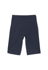 Marinblå shorts gjorda av tyg med en slät textur. Har en midja med bälteslingor och envända fållar längst ner.