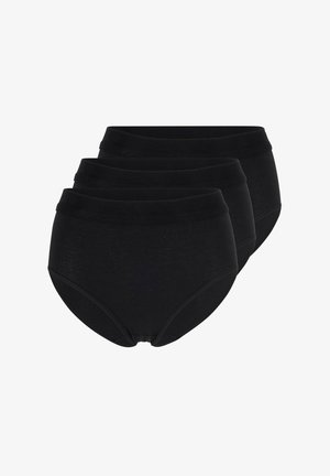 Schwarzes Baumwoll-High-Waist-Unterwäsche-Set, ausgestattet mit einem weichen elastischen Bund und glattem Stoff, angeboten in einem Drei-Pack.