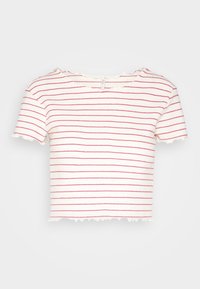 Hvid, cropped T-shirt med pink vandrette striber. Har en rund udskæring og flæser ved ærmekanterne. Teksthueret stof. Lynlåsdetalje på ryggen.