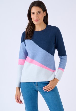 Maglione lavorato a maglia con scollo rotondo, caratterizzato da un design a blocchi di colore in blu navy, azzurro chiaro, rosa e azzurro pallido. Texture morbida con polsini a coste.