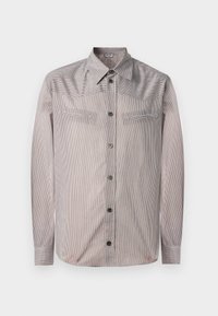 Pruhovaná košile s knoflíky v světlých barvách, s klasickým límcem, dvěma náprsními kapsami a dlouhými rukávy. Hladká textura s jemným leskem.
