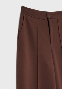 Bruine geplooide broek met een aansluitende tailleband, voorzien van een knoopsluiting en zijzakken. Gemaakt van een gladde, gestructureerde stof.