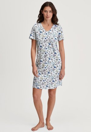 Floral print nightdress in white fabric, featuring a V-neckline, short sleeves, and a relaxed fit with a variety of blue and green flower designs.