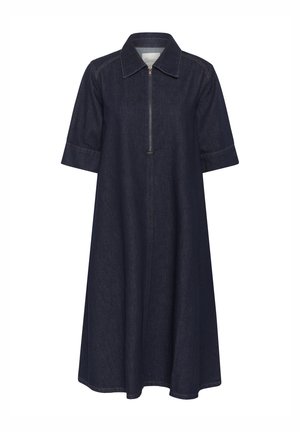 Denim dress with short sleeves, dark blue color, front zip closure, collared neckline, and a flowing A-line silhouette. Contrast stitching details.